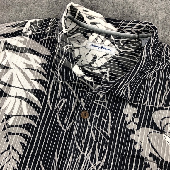 Tommy Bahama Shirt XL Black Gray Tropical Leaf Button Up Shirt Cotton Silk Blend - Picture 1 of 12